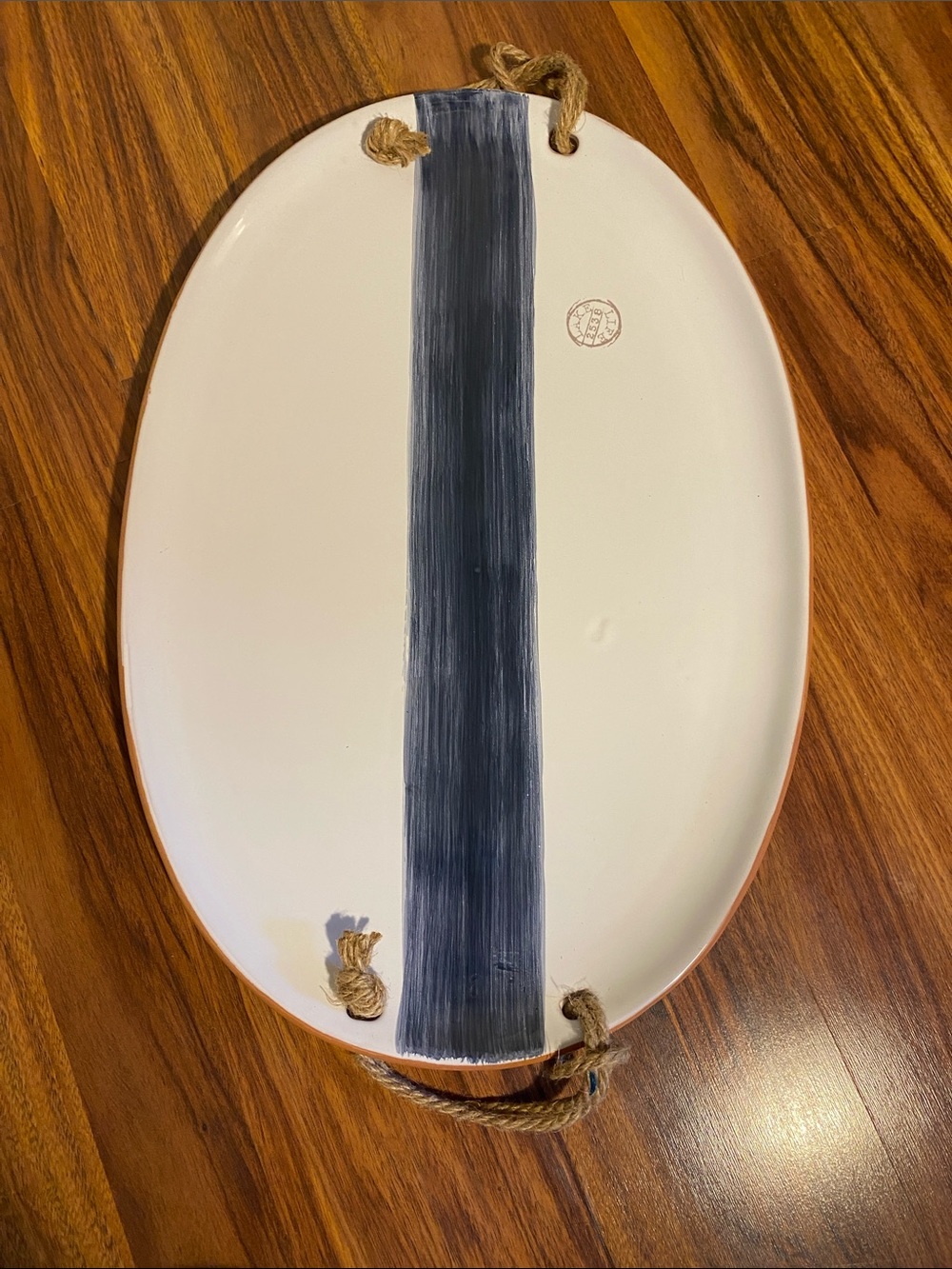 Mud Pie White Ceramic Serving Platter with Navy Stripe and Rope Handles